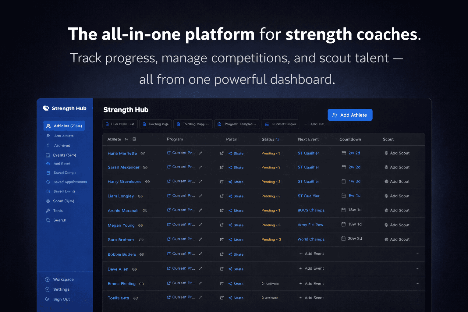 Strength Hub dashboard showing athlete management, program tracking, and competition countdown features